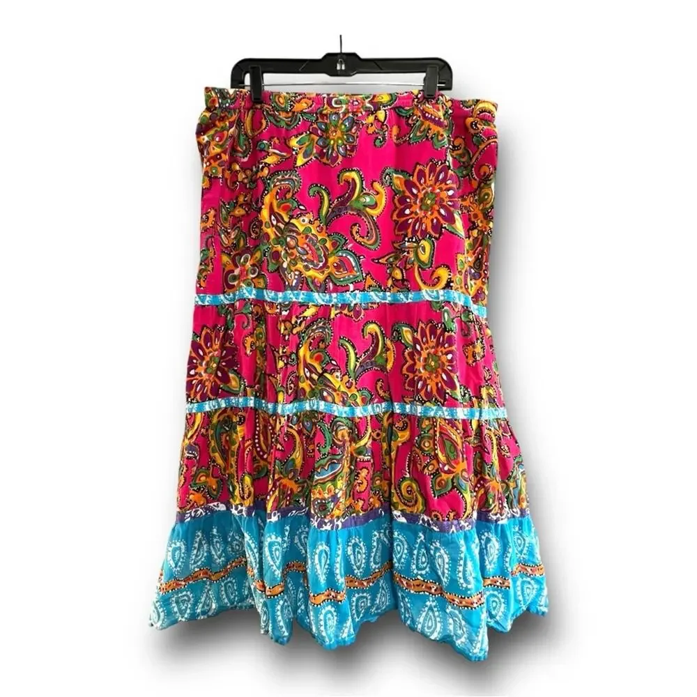 PINK TURQUOISE FLORAL TIER MAXI SKIRT SZ XLG
